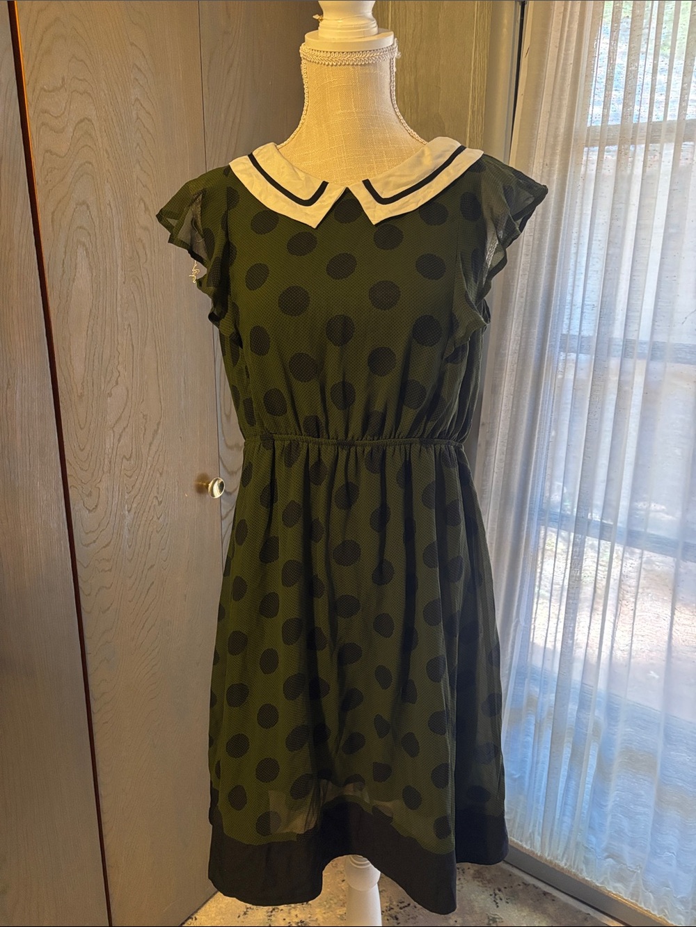Ya Los Angeles Green Polka Dot Collared Dress Sheer Elastic Waist
